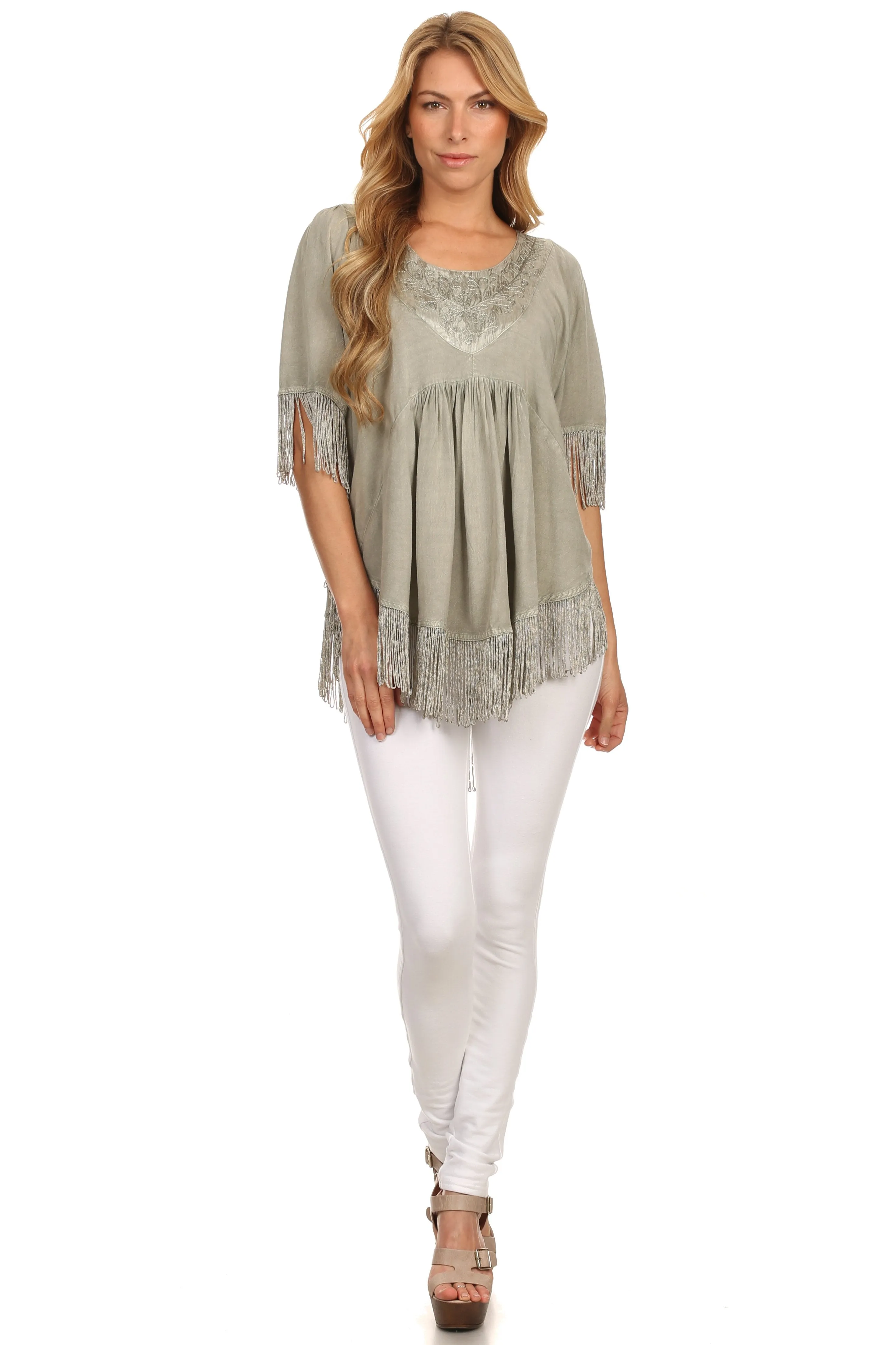 Sakkas Lilly Boho Embroidered Fringe Poncho Top