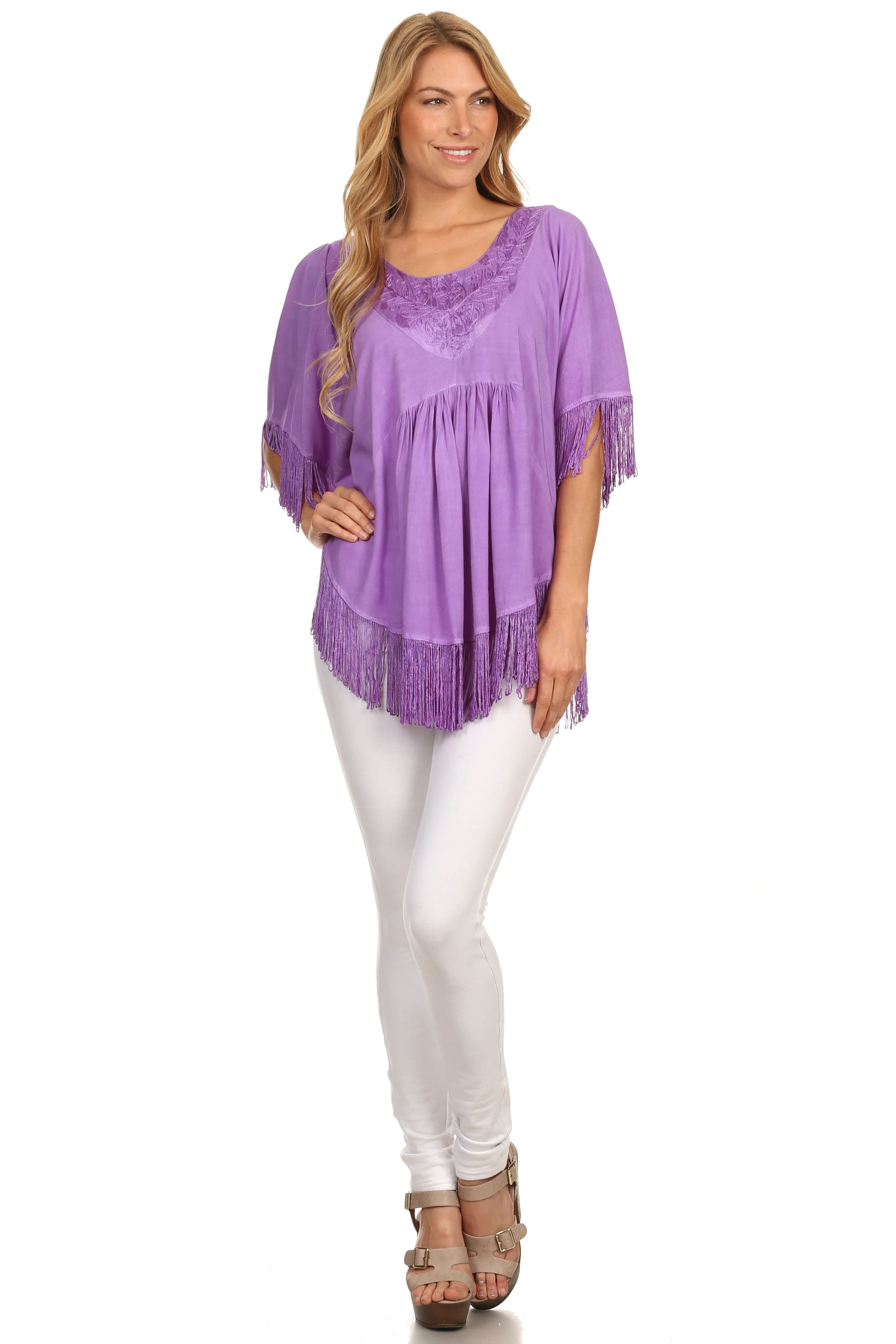 Sakkas Lilly Boho Embroidered Fringe Poncho Top