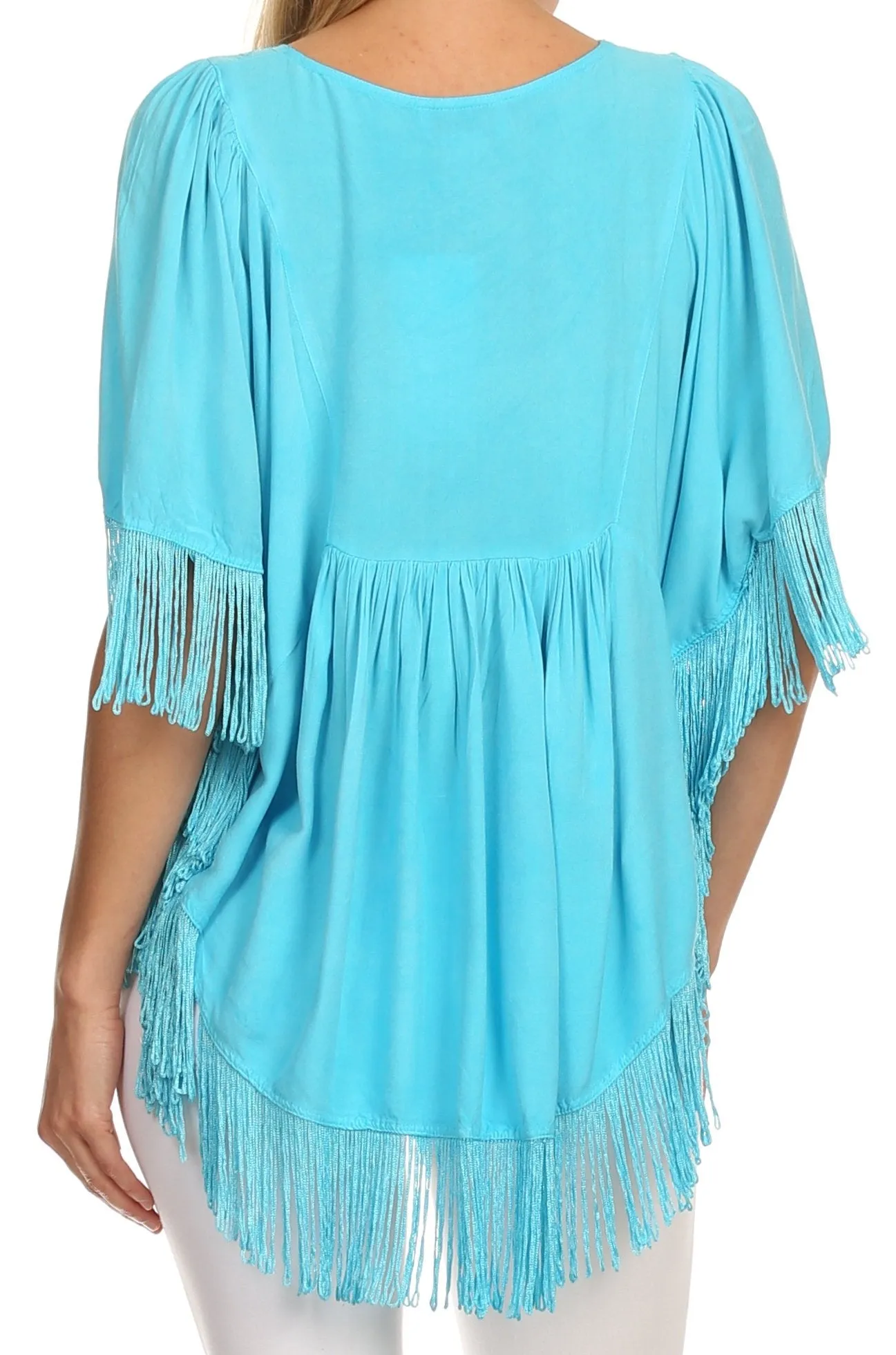 Sakkas Lilly Boho Embroidered Fringe Poncho Top