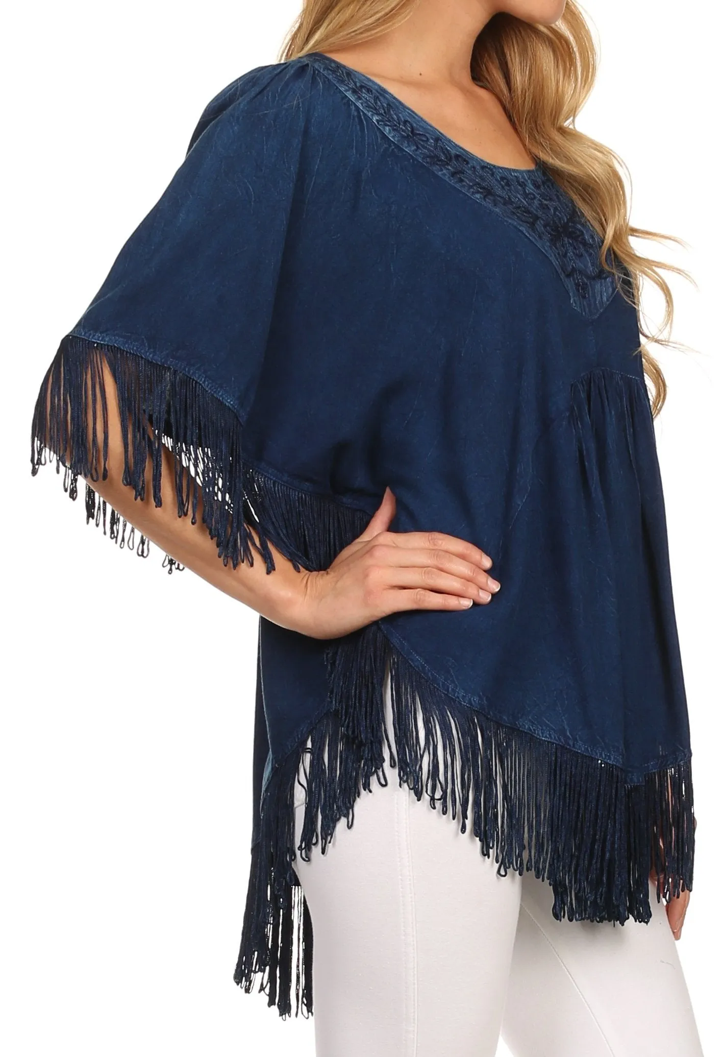 Sakkas Lilly Boho Embroidered Fringe Poncho Top