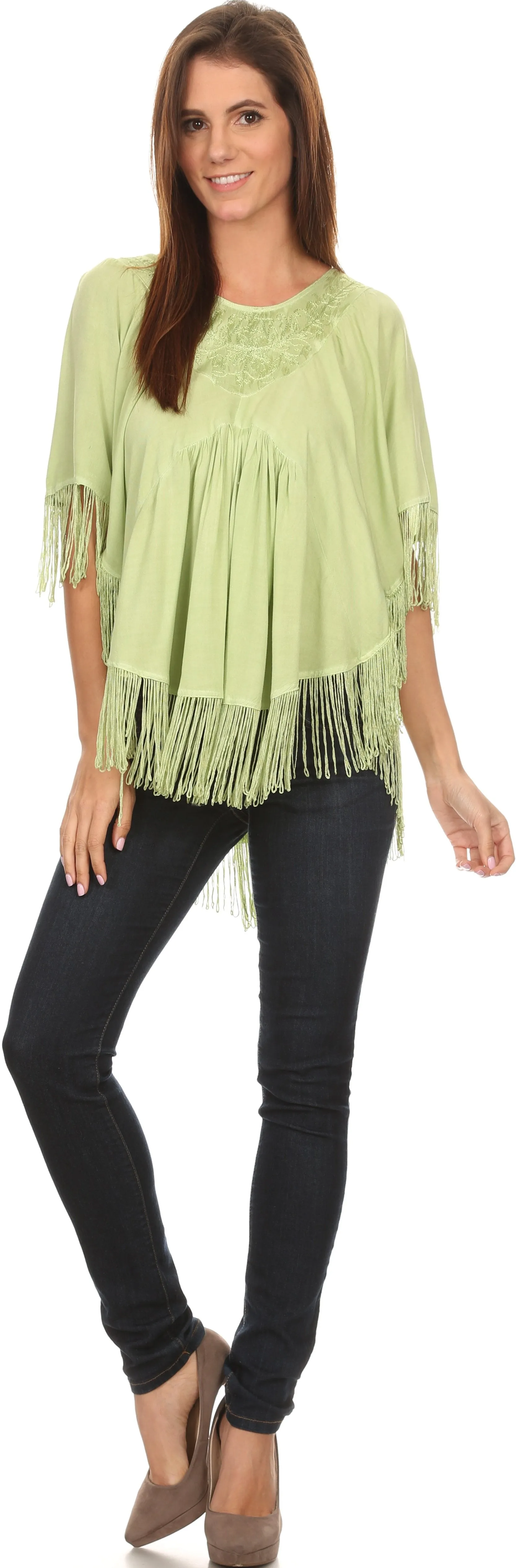 Sakkas Lilly Boho Embroidered Fringe Poncho Top