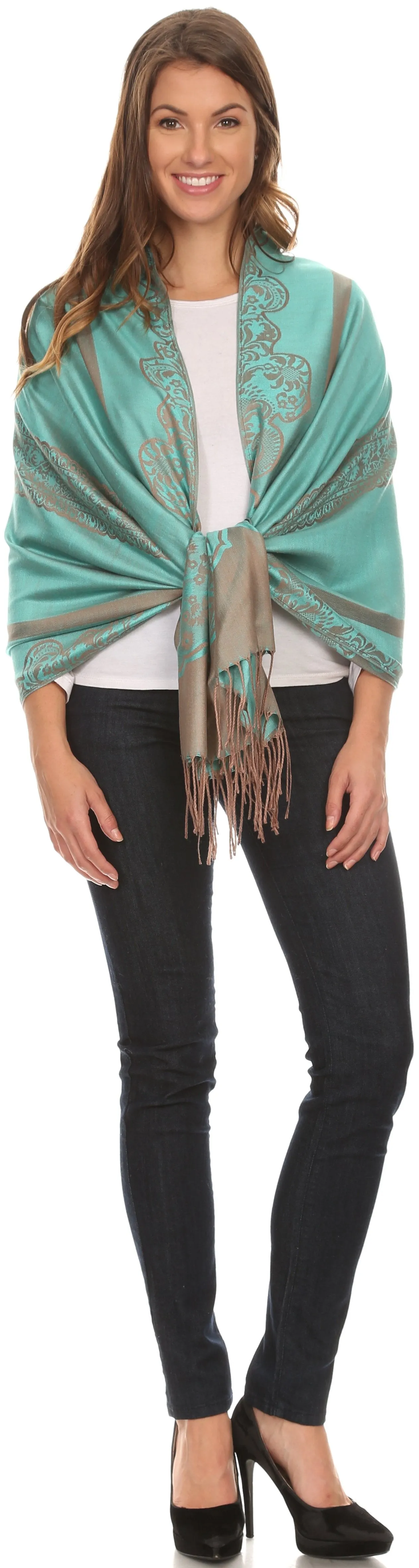 Sakkas Maela Long Extra Wide Traditional Patterned Fringe Pashmina Shawl / Scarve