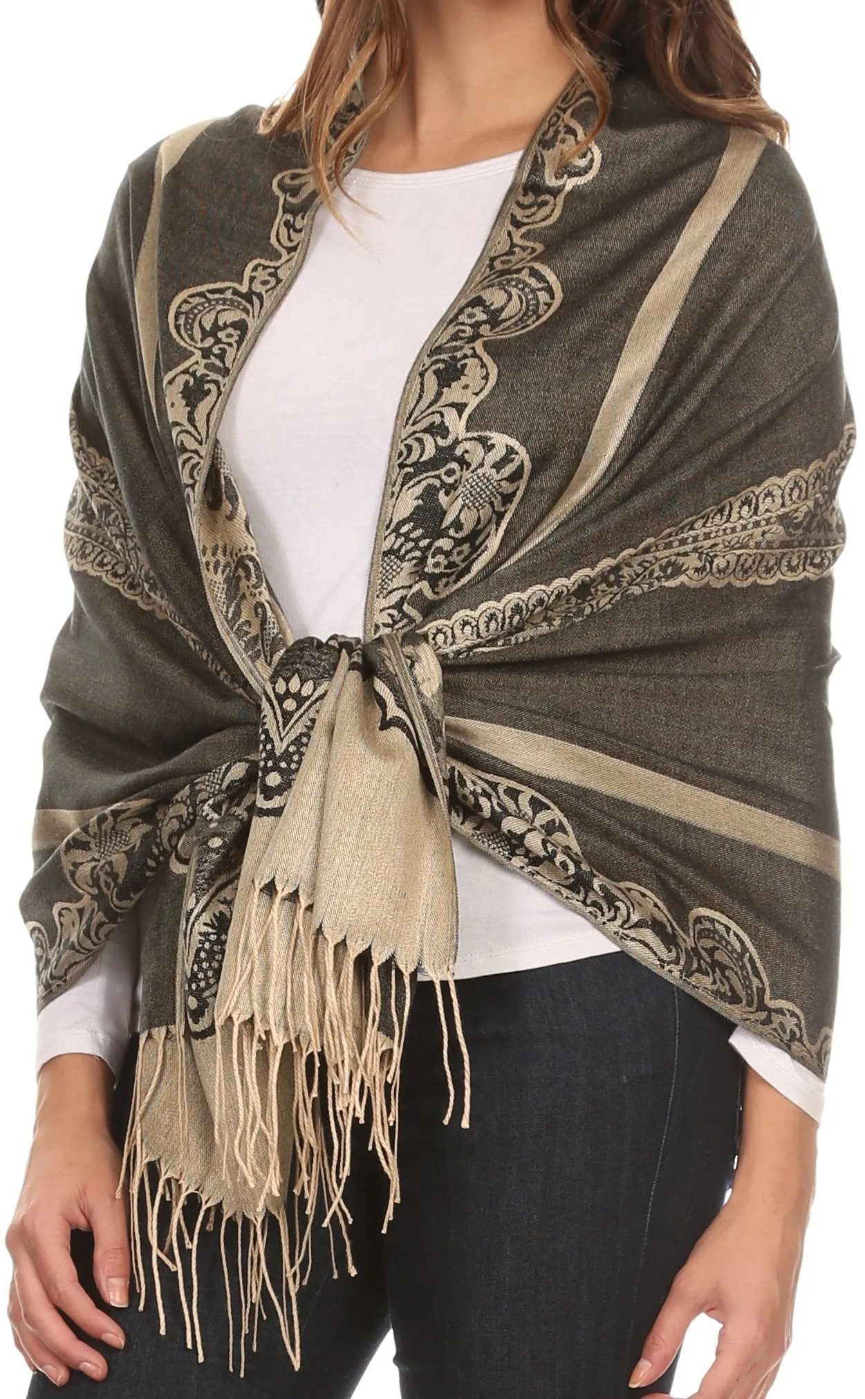 Sakkas Maela Long Extra Wide Traditional Patterned Fringe Pashmina Shawl / Scarve