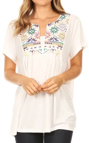 Sakkas Tali Short Sleeve Embroidered Split Neck Blouse