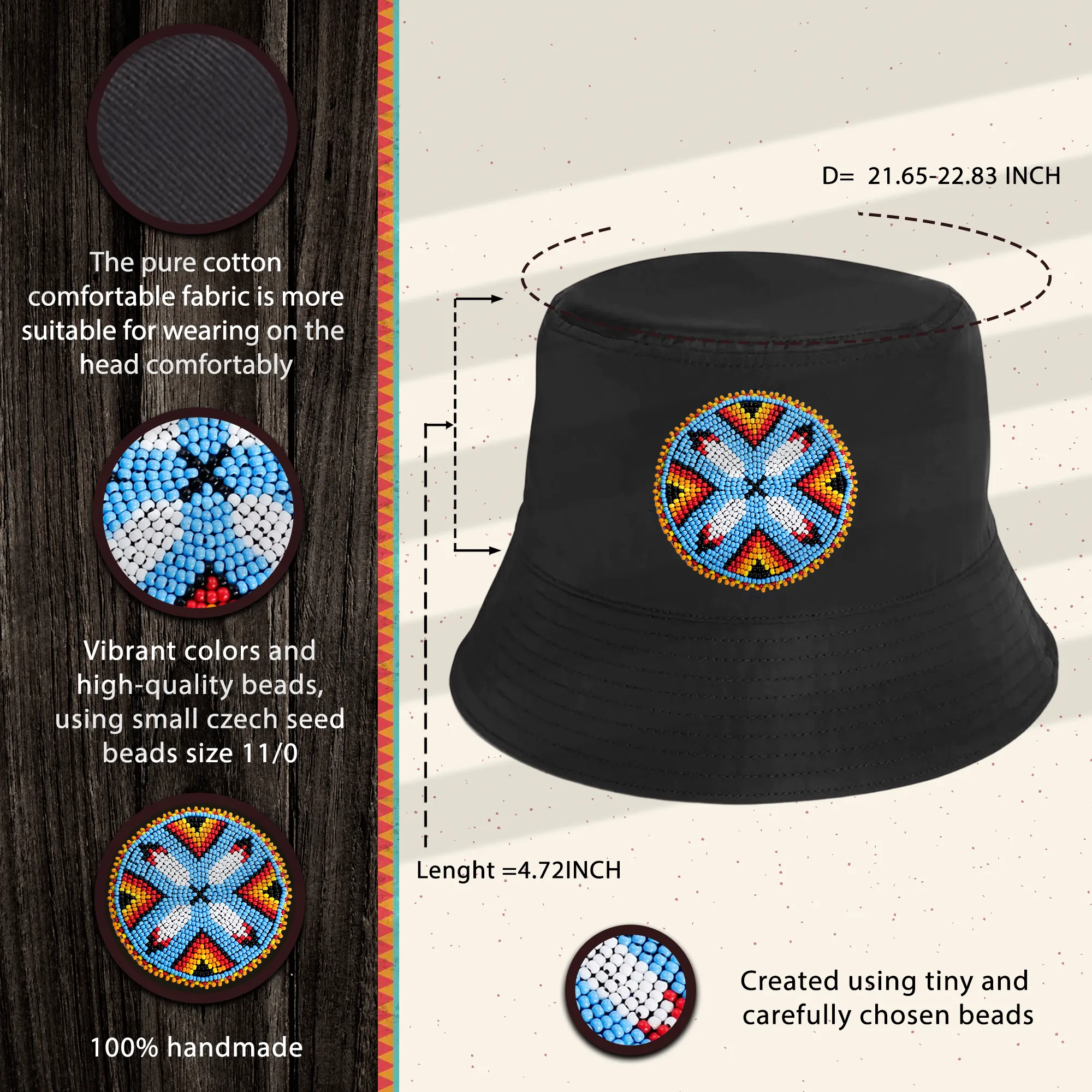 SALE 50% OFF - Four Feather Beaded Unisex Cotton Bucket Hat with Native American