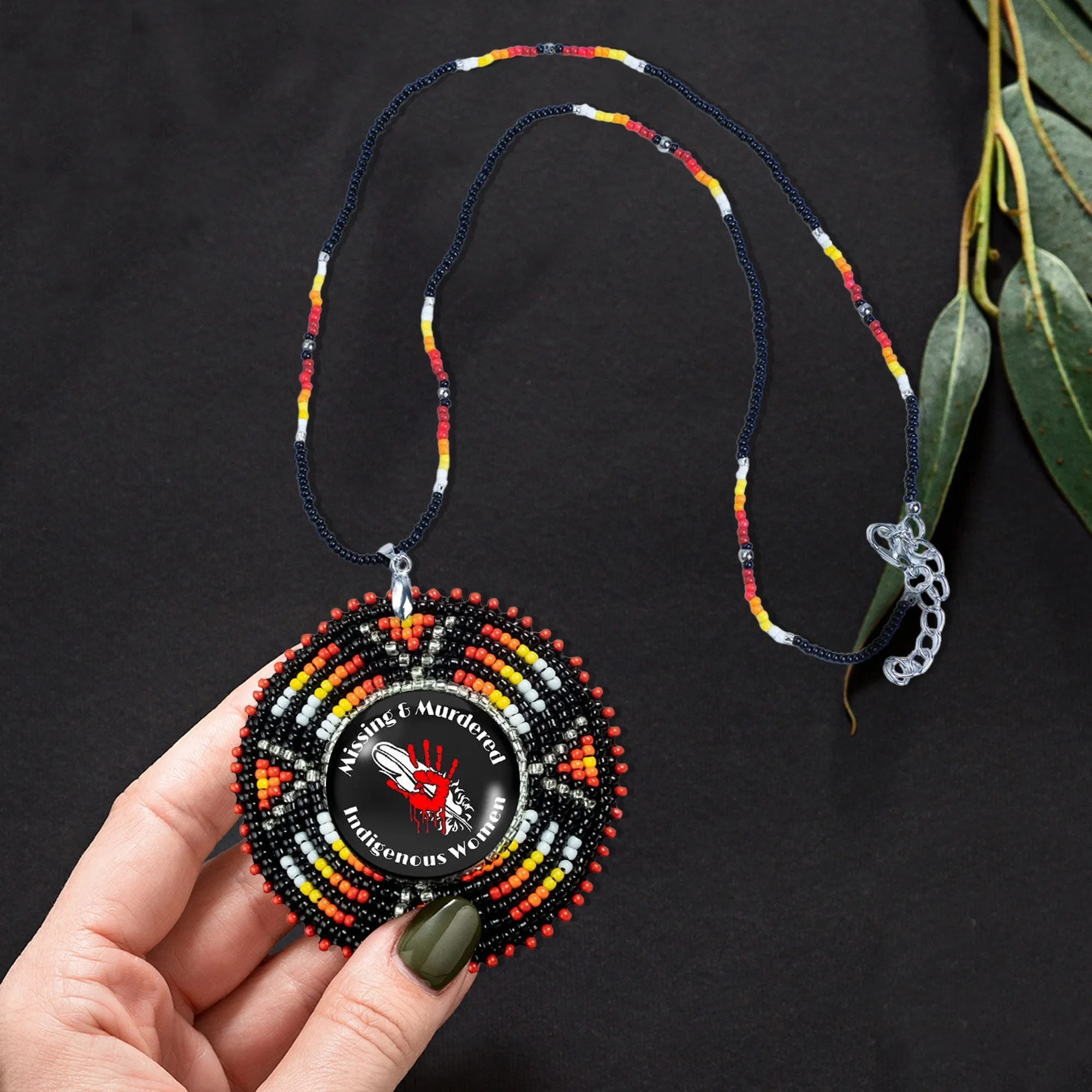 SALE 50% OFF - MMIW Red Hand Sunburst Beaded Patch Necklace Pendant Unisex With Native American Style