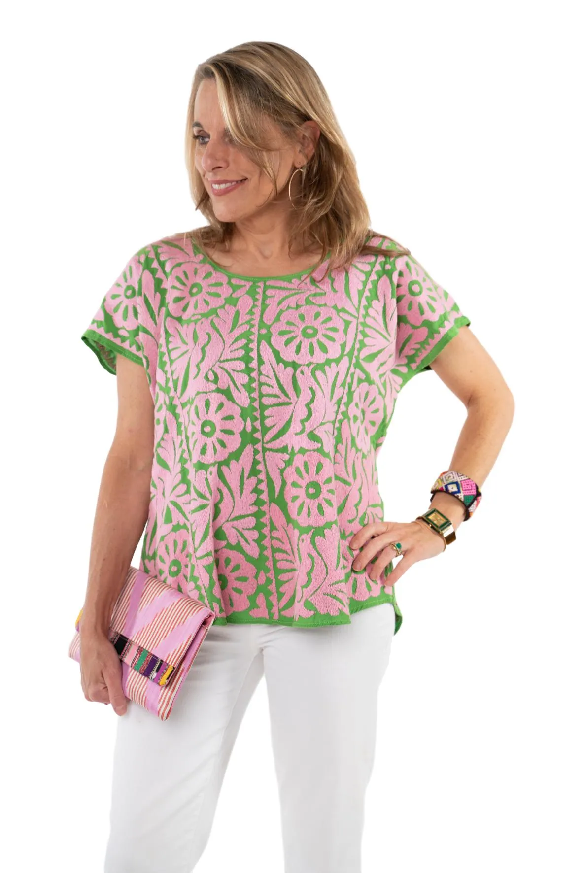 SALE - Doña Rosa Mexican Blouse - Pink and Green