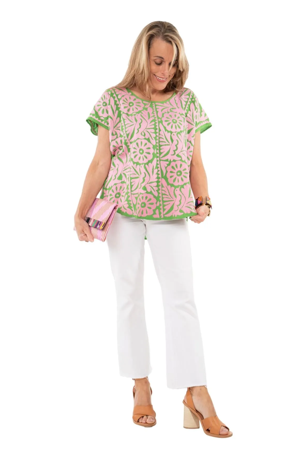 SALE - Doña Rosa Mexican Blouse - Pink and Green