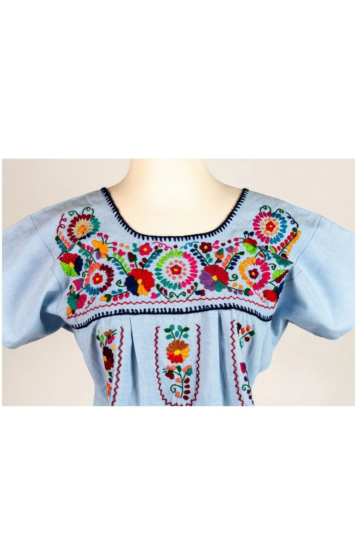 SALE - Isabel Embroidered Mexican Top - Chambray, Multicolor