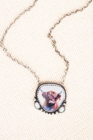 SALE! Opal Fraser Highland Cow Silvertone Necklace