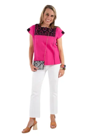 SALE - San Andres Mexican Blouse - Hot Pink and Black