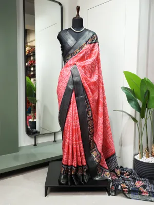 Salmon Color Printed With Zari Border Dola Silk Festive Wear Saree