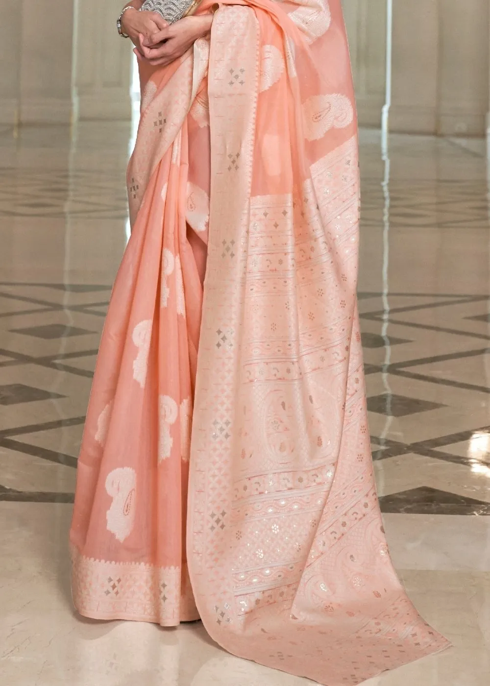 Salmon Orange Lucknowi  Chikankari Weaving Silk Saree