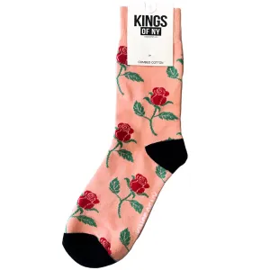 Salmon Pink Rose Flower Floral Print Mens Socks