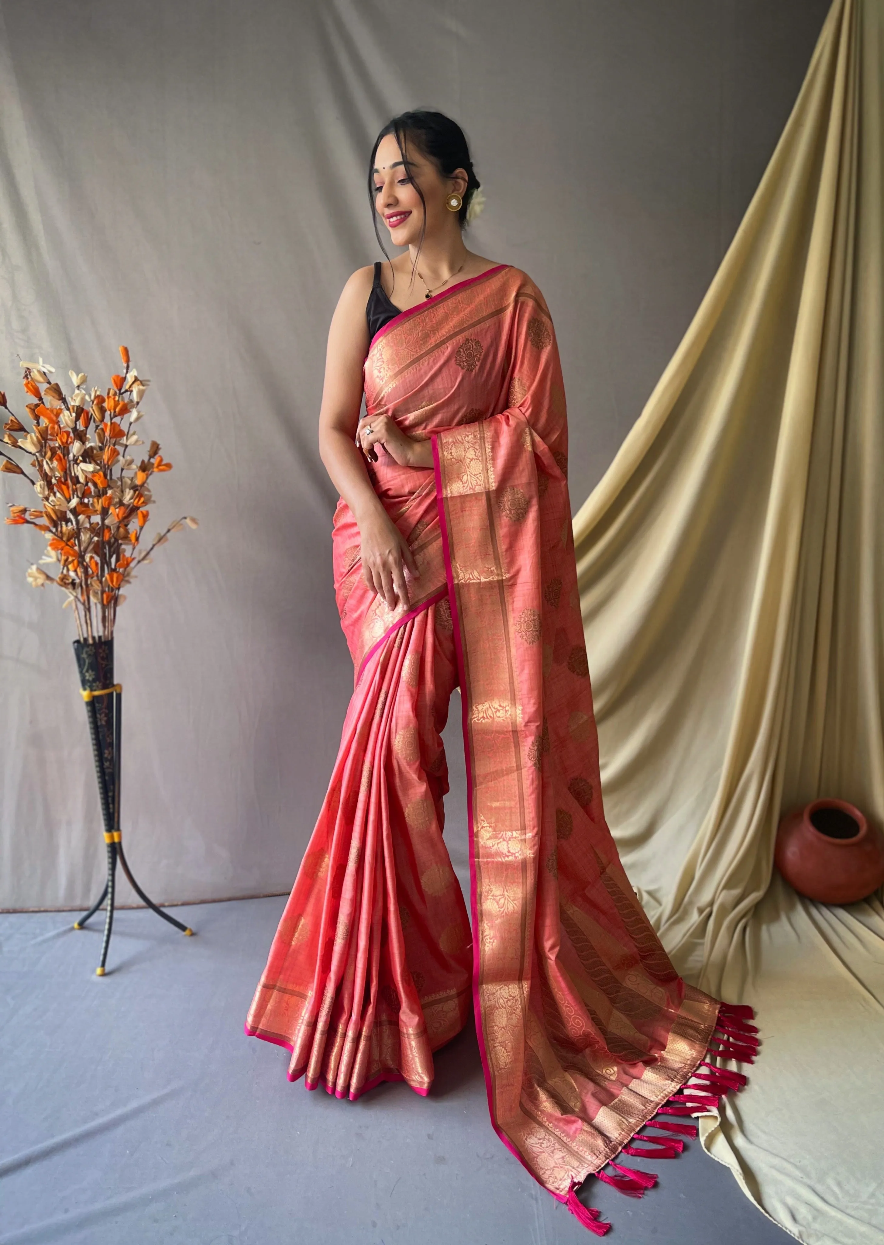 Salmon Pink Saree in Kasturi Cotton