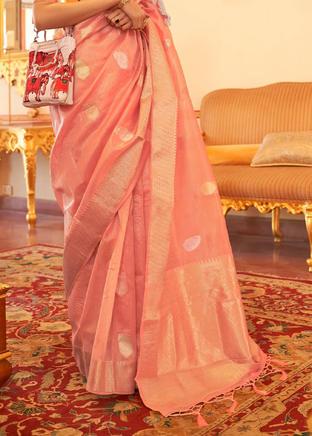 Salmon Pink Zari Woven Soft Tissue Silk Saree