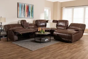 Salomo Modern and Contemporary Brown Faux Leather Upholstered 6-Piece Sectional Recliner Sofa with 3 Reclining Seats