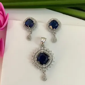 Salvanity American Diamond Pendant Set with earrings - Poornima - Blue