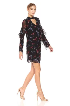 Sam Edelman High Neck Cutout Front Flutter Long Sleeve Zipper Back Bird Print Chiffon Dress