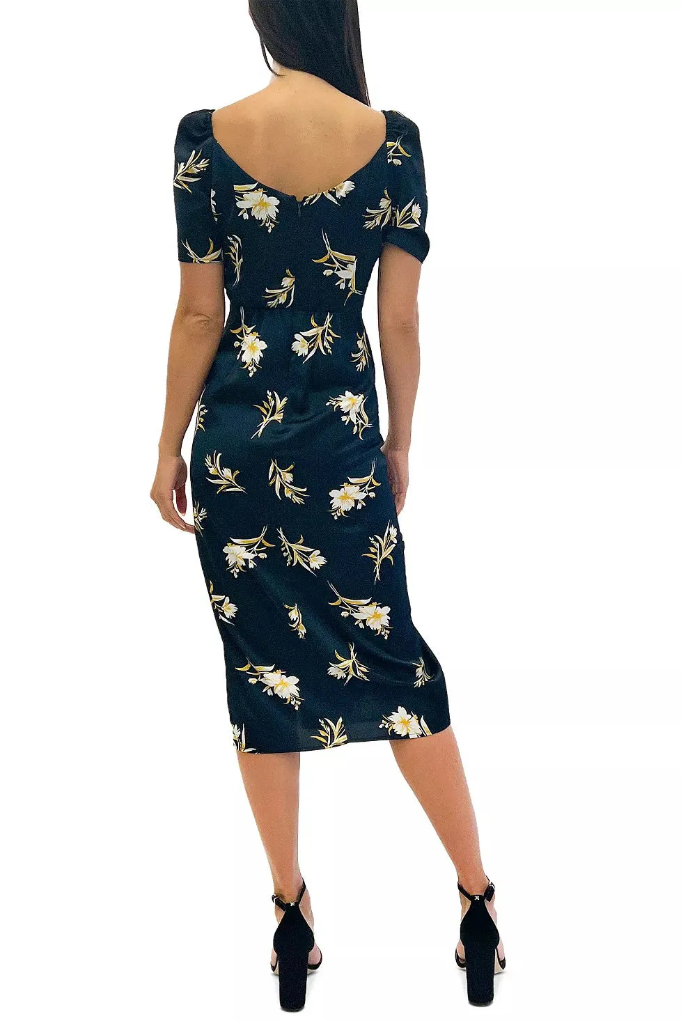 Sam Edelman V-neck Puff Sleeve Zipper Closure Slit Front Floral Print Satin Dress