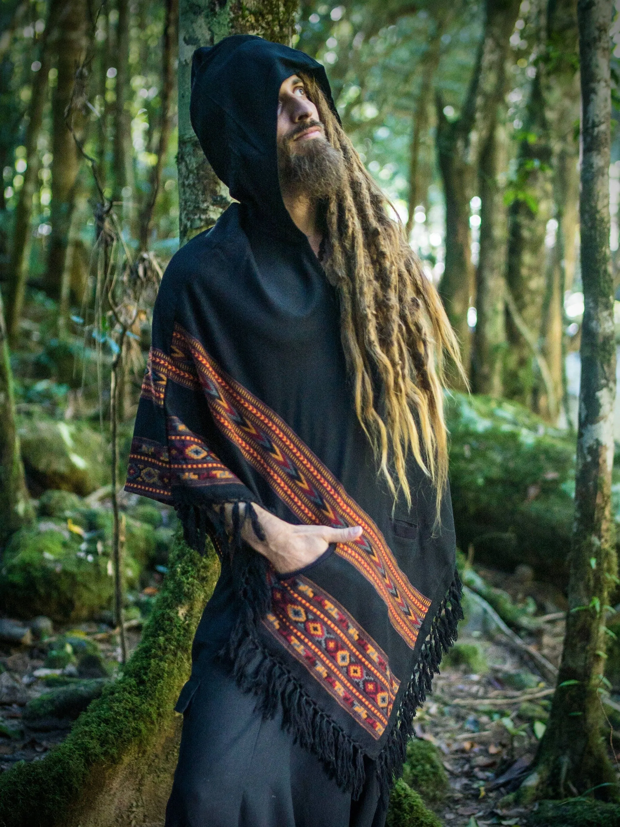 SAMADHI Black Poncho Yak Wool and Acrylic Wool Blend Handmade with Large Hood and pockets Earthy Tribal Pattern Festival AJJAYA Mens Mexican