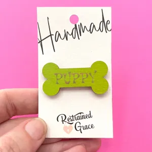 Sample Sale - Lime Green Puppy Bone Wooden Lapel Pin