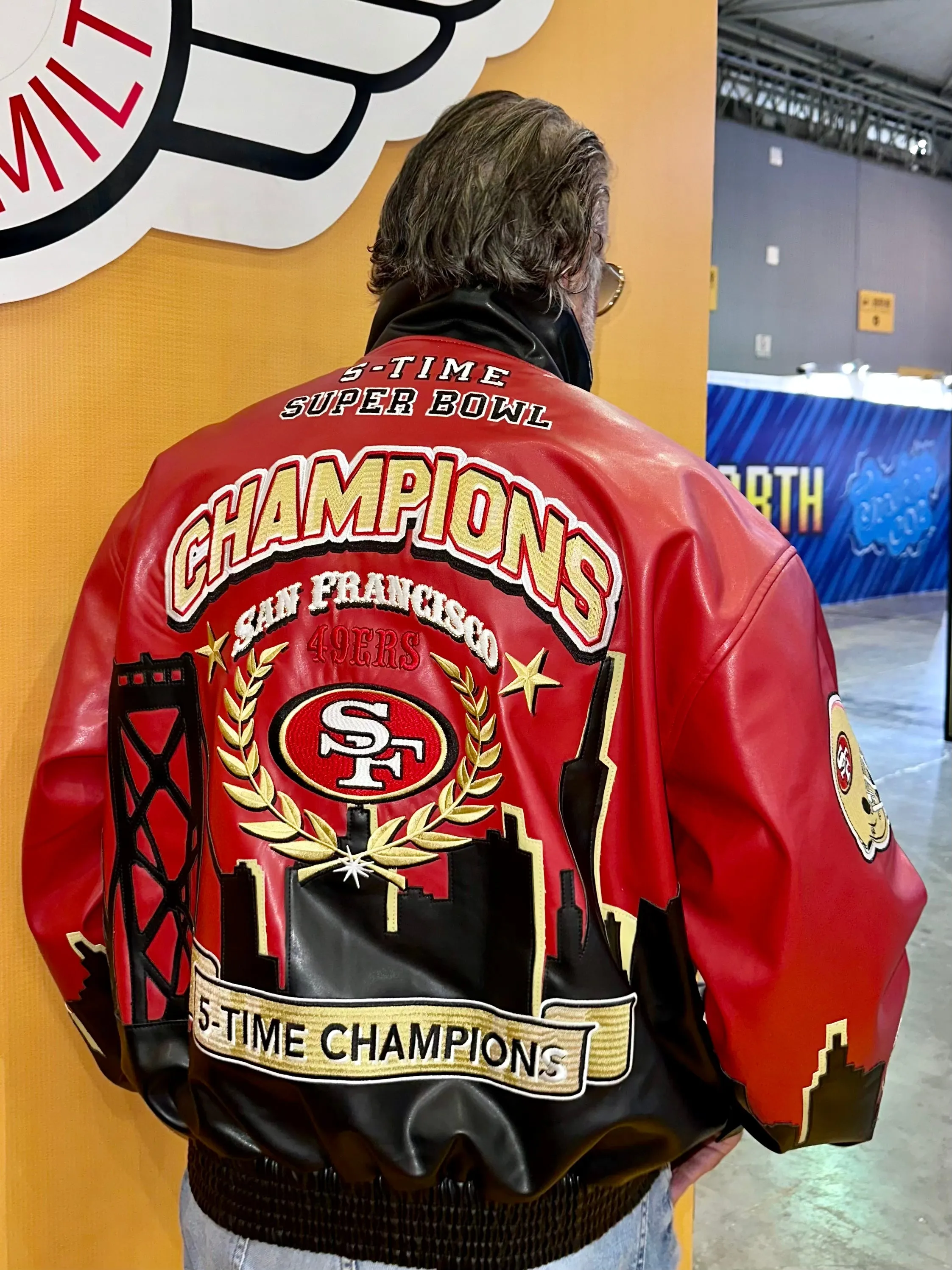 SAN FRANCISCO 49ERS 5X SUPER BOWL CHAMPION SKYLINE VEGAN LEATHER JACKET