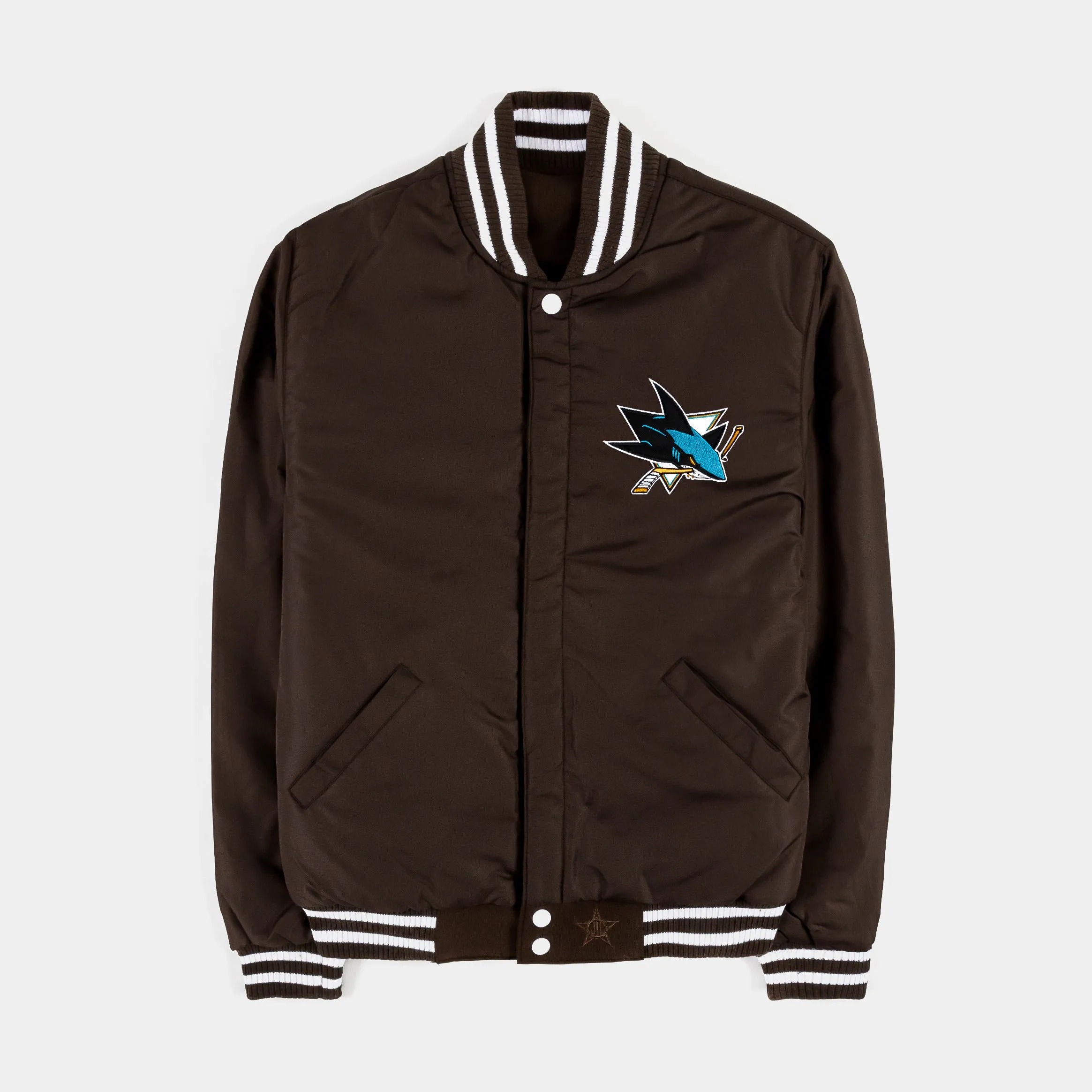 San Jose Sharks Reversible Letterman Mens Jacket (Brown/White)