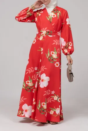 Sandalwood dress in bold floral print with v-neck elasticated sleeves zipper fastening