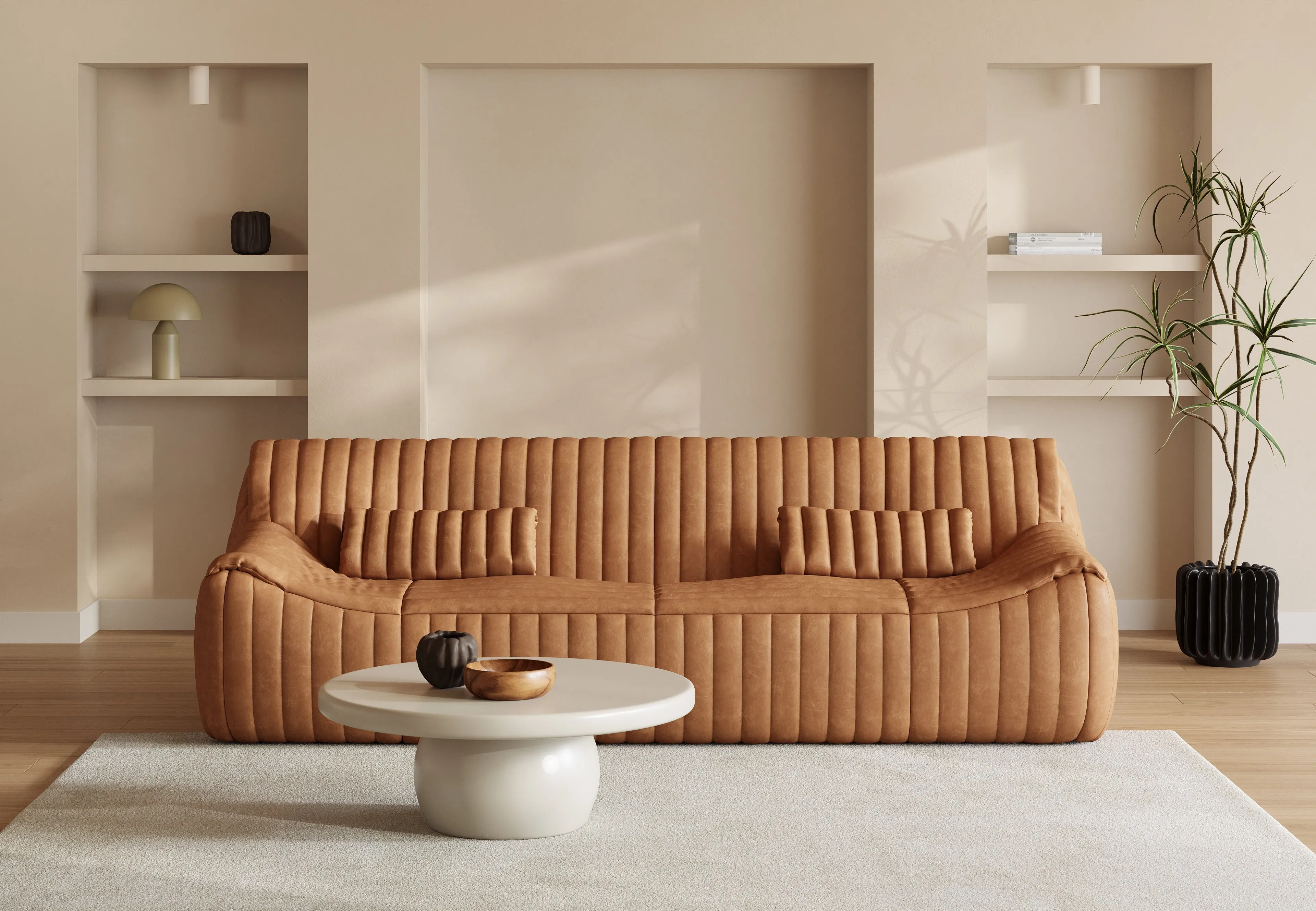 Sandra - Sandra Three Seater Sofa, Tan Vegan Leather