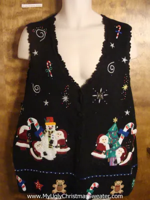 Santa Decorating Tree and Snowman Tacky Christmas Sweater Vest