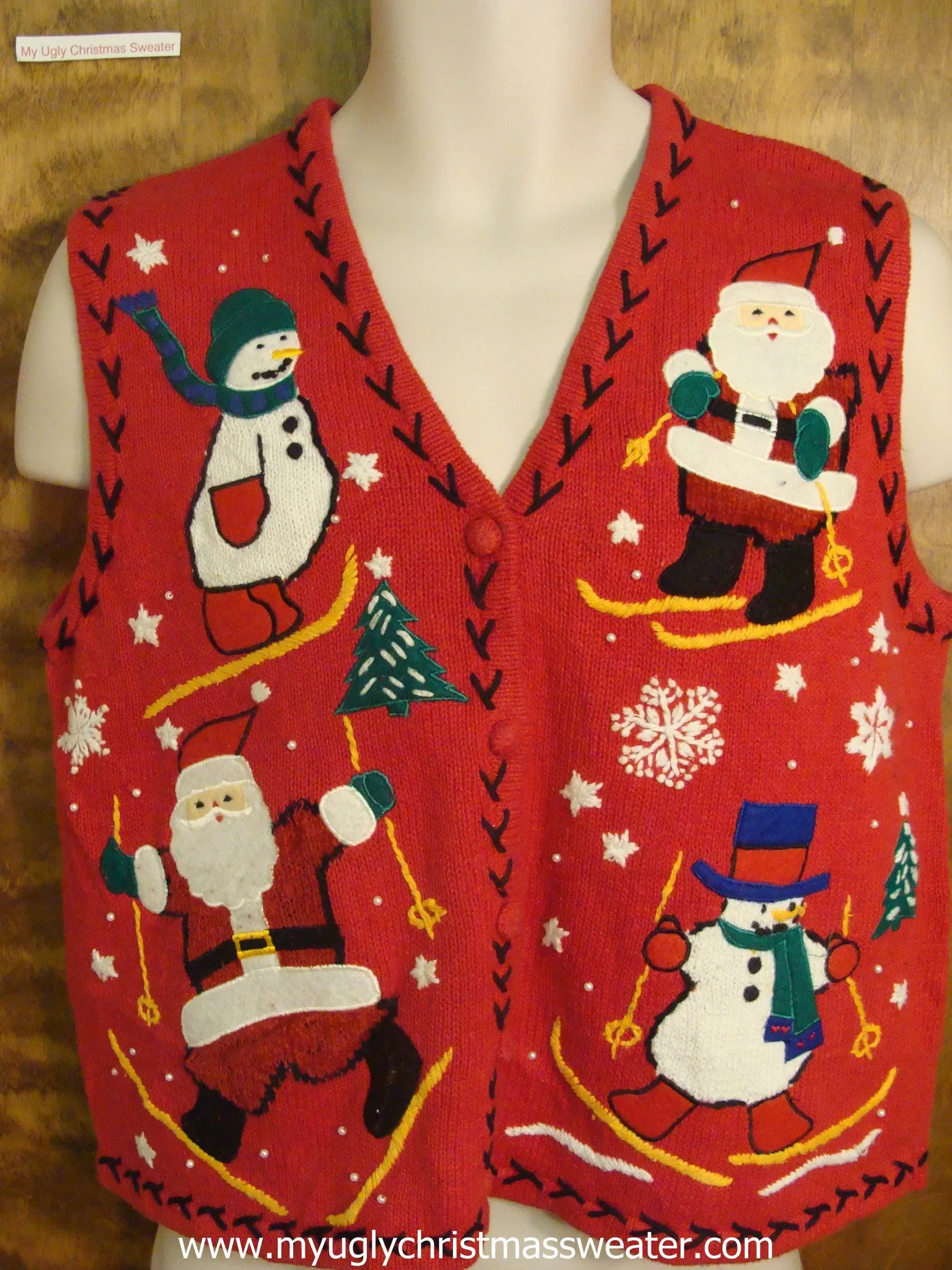 Santa with Snowmen Skiing Ugly Christmas Sweater Vest