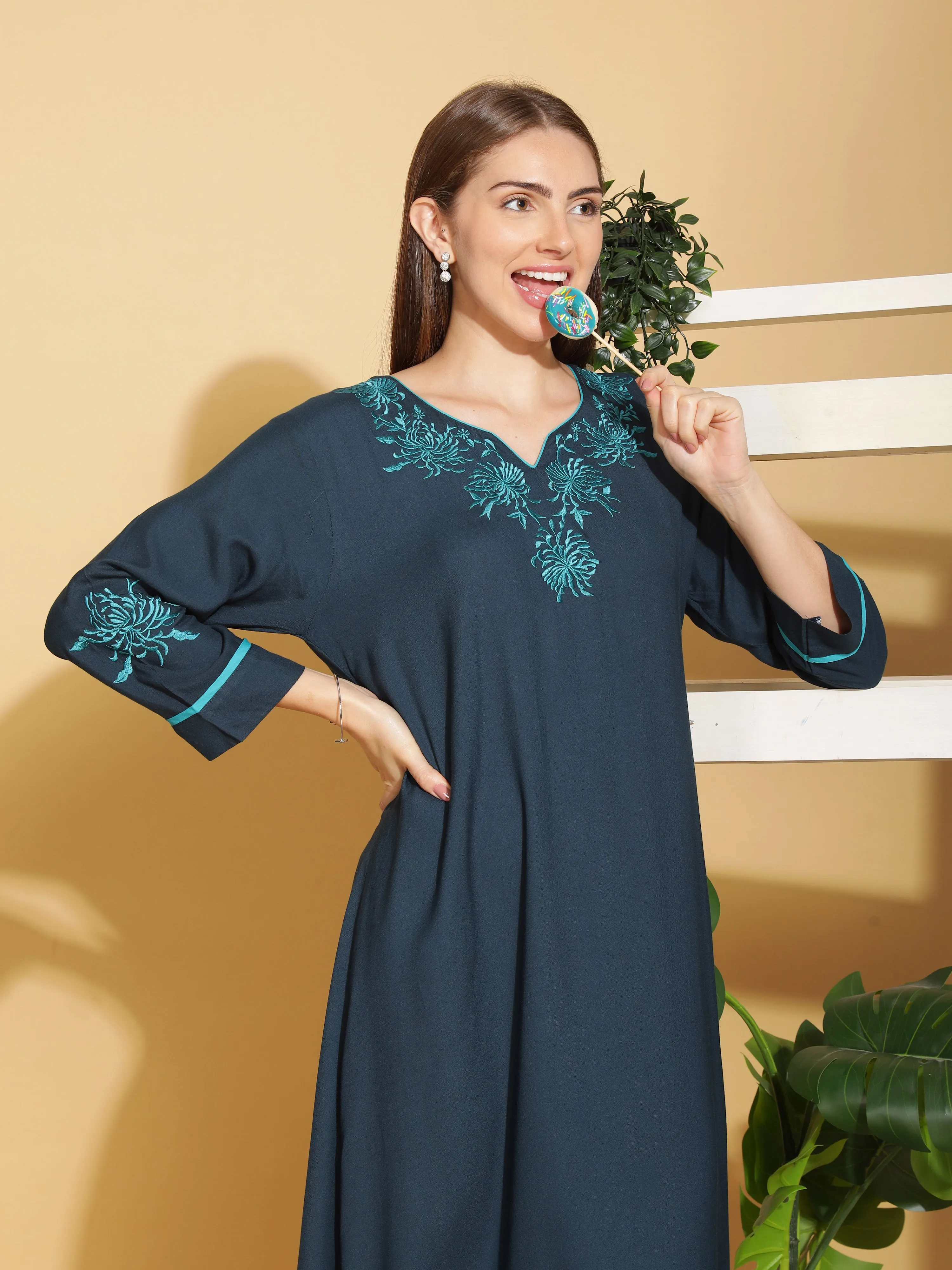 Sapphire Blue Embroidered Nightgown in Rayon Fabric