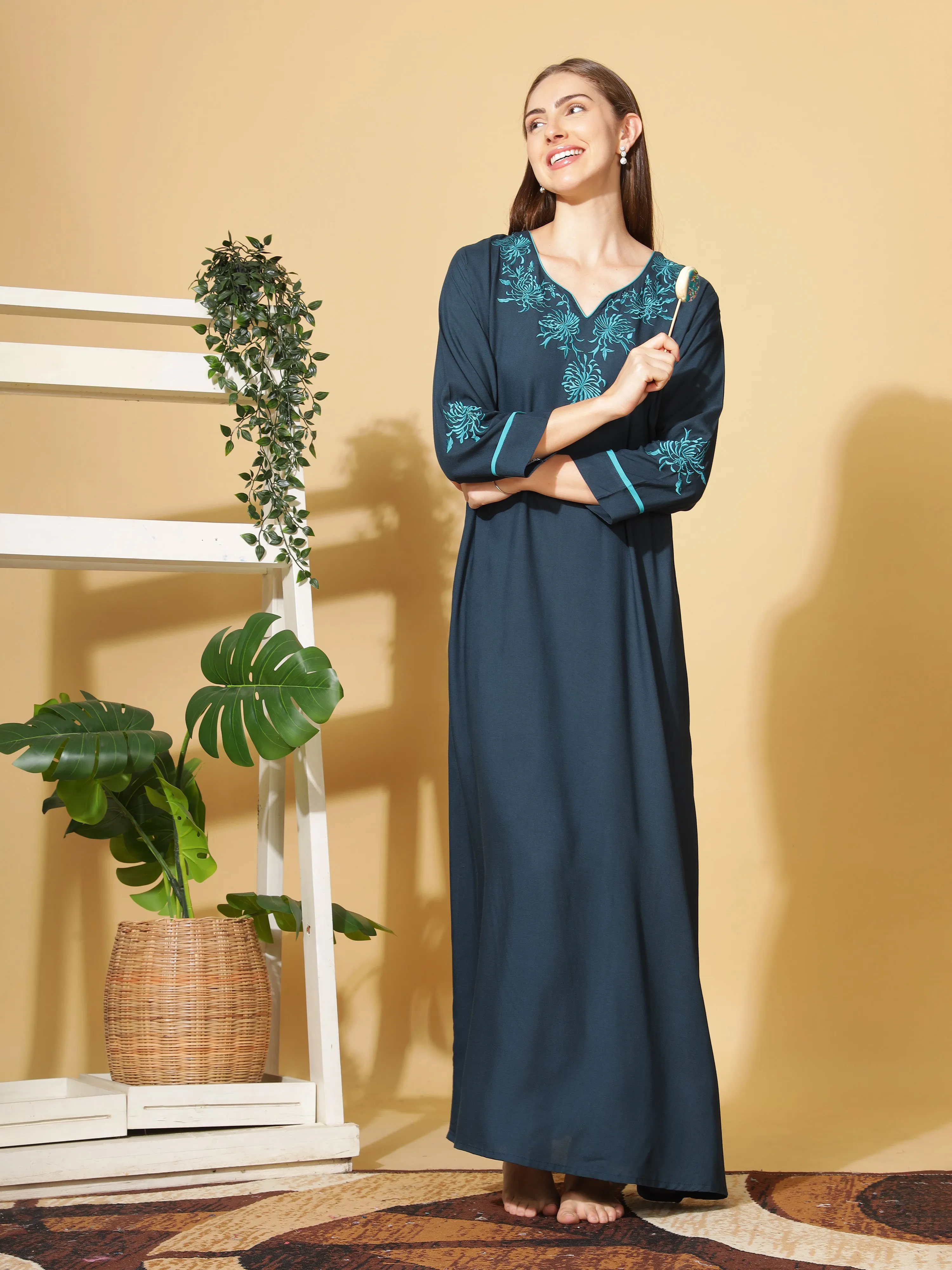 Sapphire Blue Embroidered Nightgown in Rayon Fabric