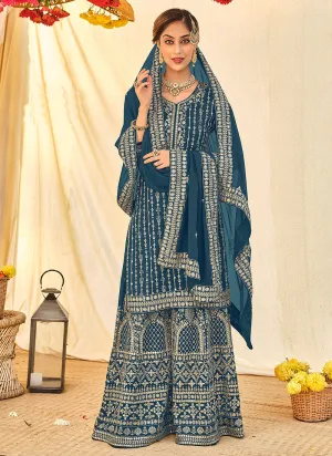 Sapphire Blue Embroidered Sharara Suit