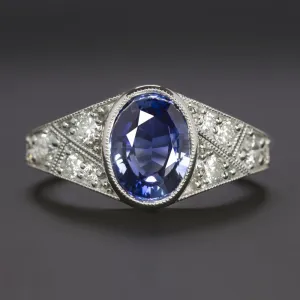 SAPPHIRE DIAMOND COCKTAIL RING VINTAGE STYLE 14k WHITE GOLD OVAL SHAPE NATURAL