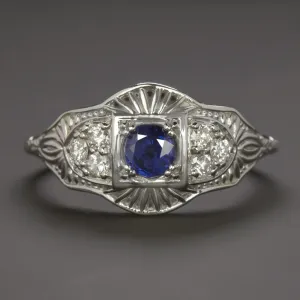 SAPPHIRE DIAMOND RING VINTAGE STYLE COCKTAIL FILIGREE 14k WHITE GOLD BLUE