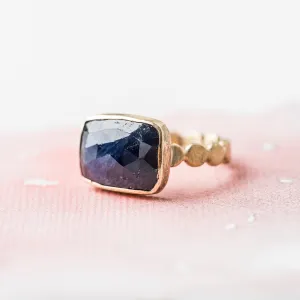 Sapphire Drawn Cushion East-West Ring on Beaded Band in 14k Gold