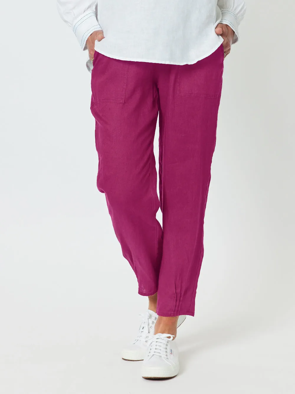 Sarah Linen Pleat Hem Pant - Magenta