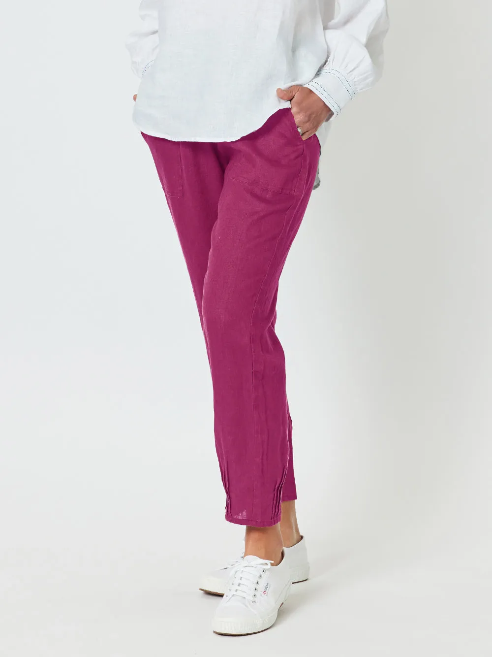 Sarah Linen Pleat Hem Pant - Magenta