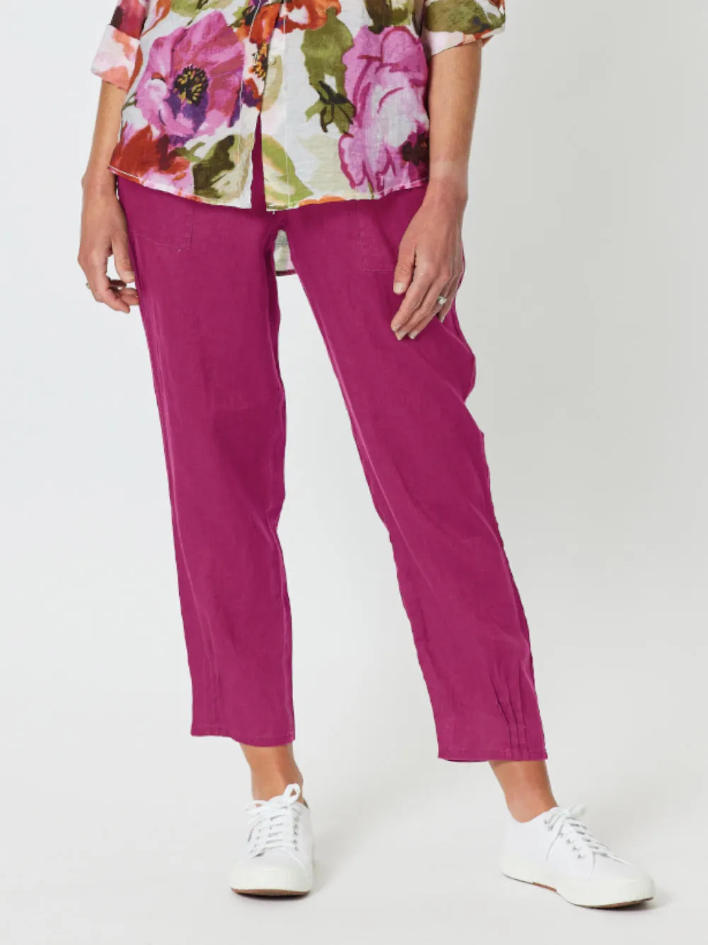 Sarah Linen Pleat Hem Pant - Magenta