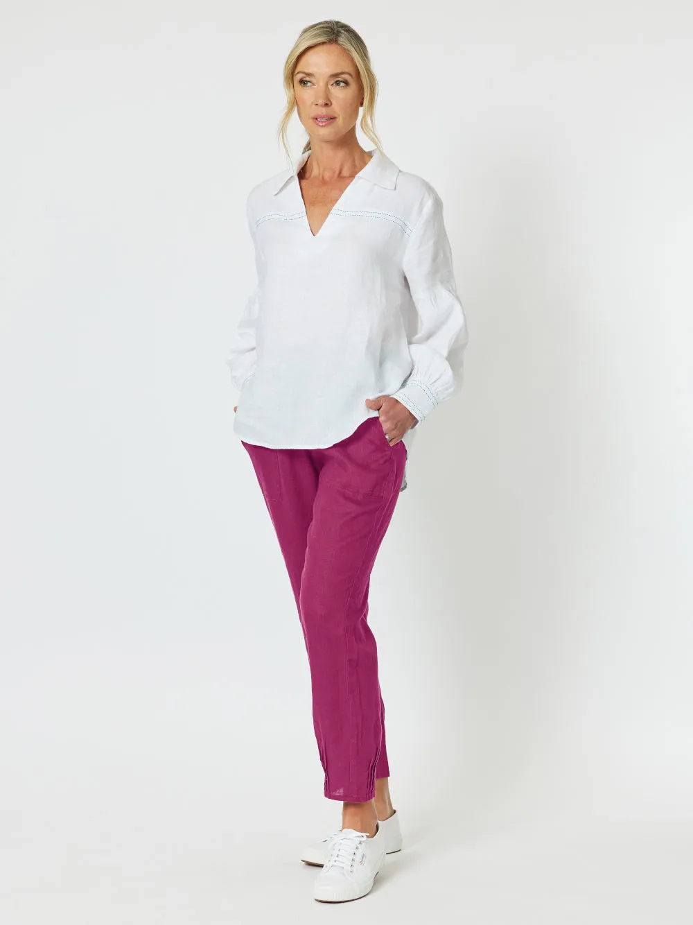 Sarah Linen Pleat Hem Pant - Magenta