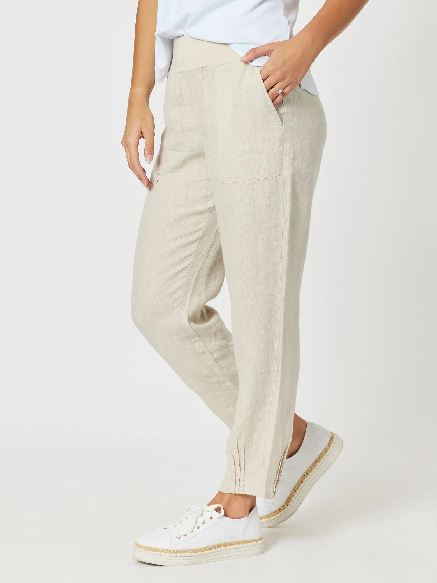 Sarah Linen Pleat Hem Pant - Natural