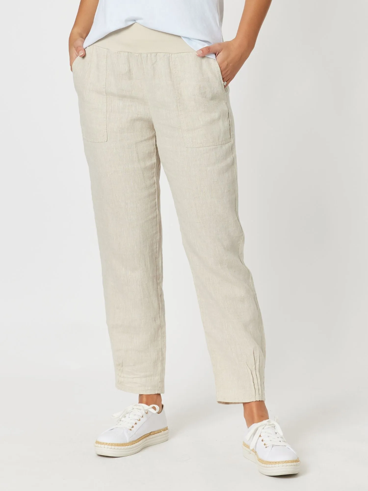 Sarah Linen Pleat Hem Pant - Natural