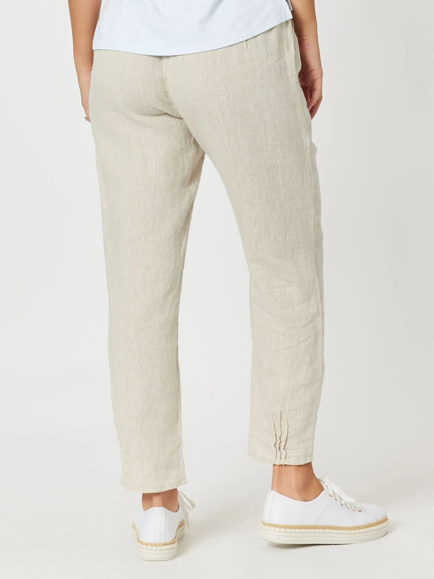 Sarah Linen Pleat Hem Pant - Natural