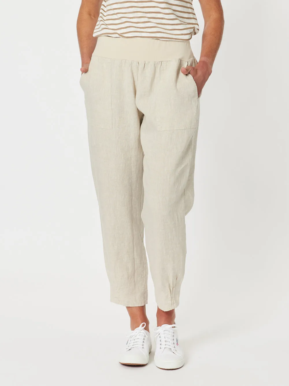 Sarah Linen Pleat Hem Pant - Natural