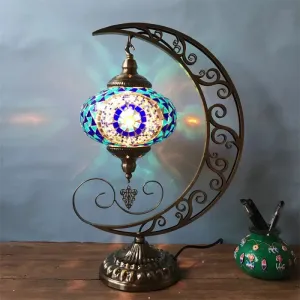 Sarir - Blue Blue Oval Table Light Decorative Stained Glass 1 Bulb Bedroom Night Lamp with Moon Shape Arm