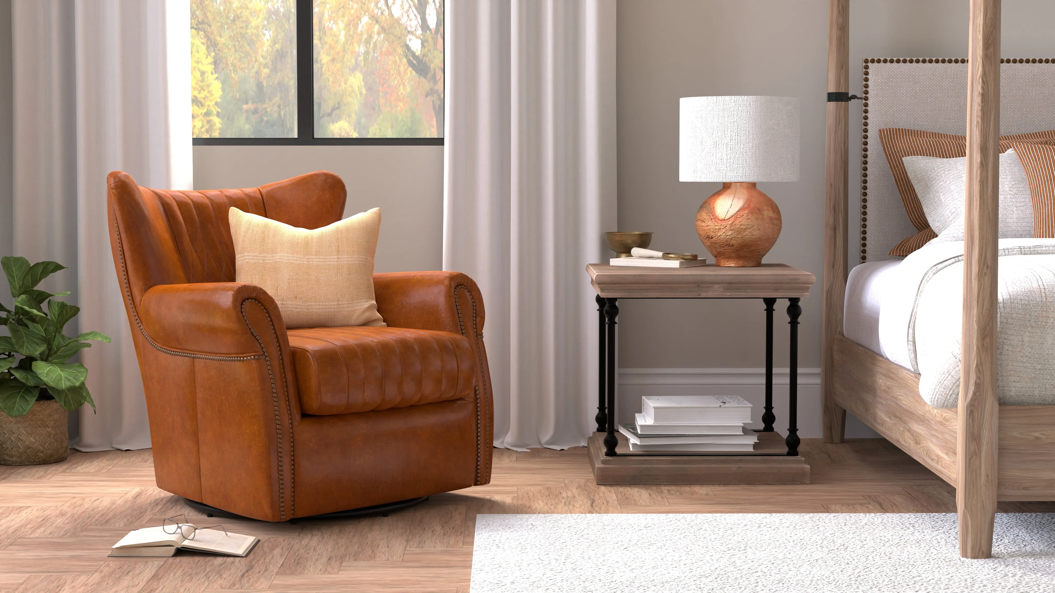 Sarreid - Bugatti Leather Swivel Chair - Brown - Traditional