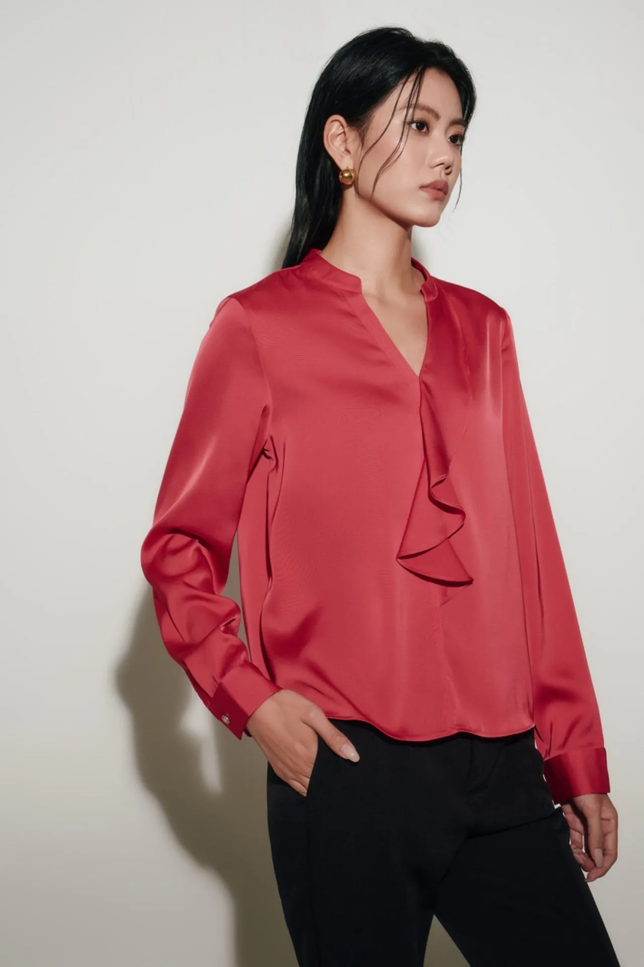 Satin Asymmetric Ruffled Blouse