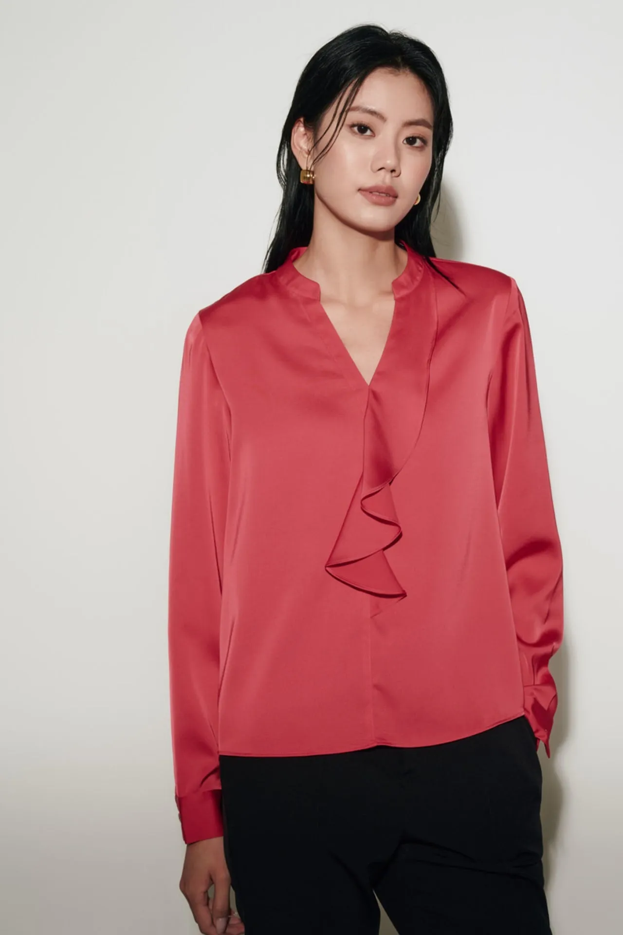 Satin Asymmetric Ruffled Blouse